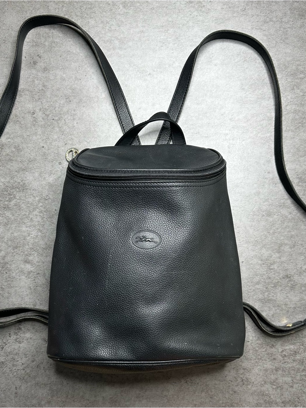 Vintage Longchamp Black Pebbled Leather Backpack France Minimalist